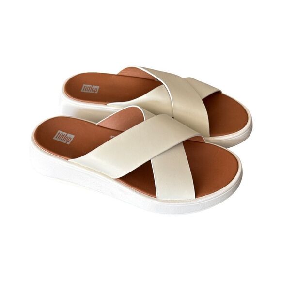Fitflop F-Mode Leather Flatform Cross Slides. Cream - Picture 2 of 10